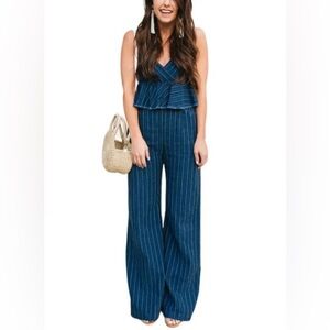 Anthropologie Striped Denim Jumpsuit Peplum Ruffle SIZE: Small